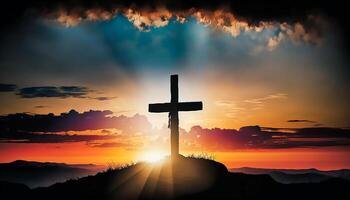 kruis van Jezus Christus Aan een achtergrond met dramatisch verlichting, kleurrijk berg zonsondergang, generatief ai foto