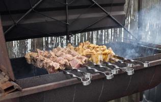 shish kebab van verschillend types van vlees Aan spiesjes is gebakken Aan brand en kolen in de rooster foto