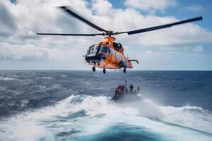 zoeken en redden operatie in zee. noodgeval redden helikopter vliegt over- zee oppervlak, op zoek voor slachtoffers na Botsing. gemaakt met generatief ai foto