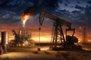 pomp oliën boren boortorens in woestijn. energie crisis in wereld concept. olie productie en fossiel bronnen. gemaakt met generatief ai foto