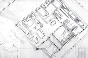 bouwkundig plan Aan wit papier. technisch project van leven kamer. tekening voor bouw. gemaakt met generatief ai foto