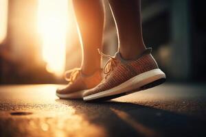 een meisje loper maakt een ochtend- rennen in een stad straat. sneaker schoenen detailopname. joggen, rennen, welzijn, fitheid, Gezondheid concept.defocussed en wazig achtergrond foto