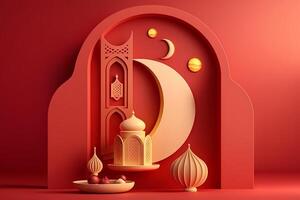 een 3d kunst van een moskee met een maan en sterren Aan de magenta kleur achtergrond. ai gegenereerd foto