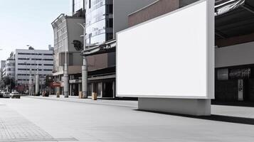 generatief ai, realistisch straat groot aanplakbord bespotten omhoog blanco voor presentatie reclame. buitenshuis teken blanco in de futuristische stad, bedrijf concept foto