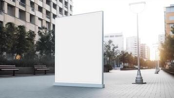 generatief ai, realistisch straat groot aanplakbord bespotten omhoog blanco voor presentatie reclame. buitenshuis teken blanco in de futuristische stad, bedrijf concept foto