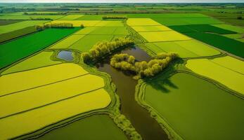 generatief ai, boerderij landschap, agrarisch velden, mooi platteland, land weg. natuur illustratie, fotorealistisch top visie drone, horizontaal spandoek. foto