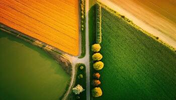 generatief ai, boerderij landschap, agrarisch velden, mooi platteland, land weg. natuur illustratie, fotorealistisch top visie drone, horizontaal spandoek. foto