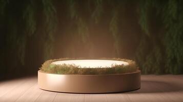 generatief ai, Product beige minimaal tafereel met meetkundig podium platform en mos planten, bespotten omhoog staan voor kunstmatig producten. foto