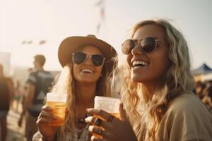 vrouw vrienden juichen met bier Bij muziek- festival, zomer strand partij foto