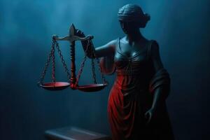 wettelijk wet concept. silhouet van de standbeeld van gerechtigheid Aan met lichten Bij mistig achtergrond foto