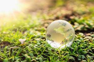 wereldbol glas Aan groen gras met zonneschijn achtergrond. milieu concept foto