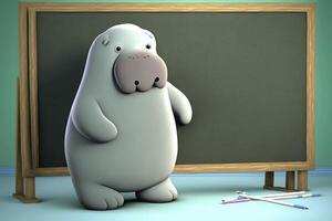 ai gegenereerd 3d schattig walrus tekenfilm staand naast blanco whiteboard. foto