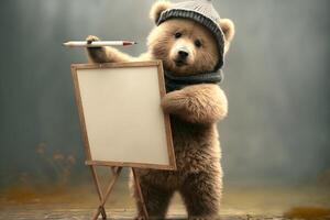 een beer is Holding een blanco schoolbord gemaakt door generatief ai teknologie foto
