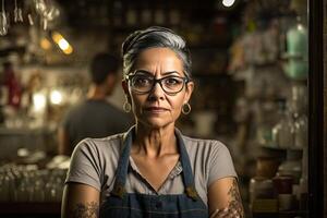 hoofdschot van vrouw op zoek Bij camera met winkel net zo achtergrond. generatief ai foto