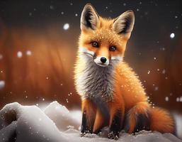 schattig weinig vos in de bos, tekenfilm vos animatie fantasie stijl, schat vos staand winter seizoen achtergrond.generatief ai foto