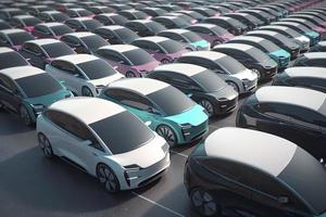 nieuw zelf het rijden auto's vloot aan het wachten naar worden geëxporteerd, groot bedragen van elektrisch voertuig in handel parkeren foto
