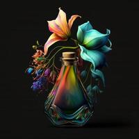 parfum bloemen met regenboog kleurrijk bloemen Aan zwart achtergrond generatief ai foto