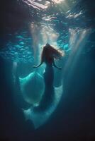 fotograaf van een tropische punk meermin zwemmen onder de water generatief ai foto