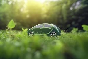 elektrisch auto met groen blad icoon Aan vervagen gras achtergrond, ecologie en milieu concept foto