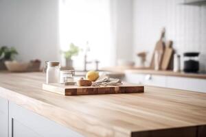 leeg hout tafel en wazig wit keuken wit muur. hout tafel top Aan vervagen keuken voor Product Scherm model. generatief ai foto