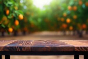 houten tafel voor Product en handelswaar Scherm en oranje bomen in de achtergrond. generatief ai foto