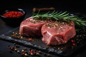 rauw filet vlees Aan zwart bord met peper kruiderij en groen rozemarijn. generatief ai foto