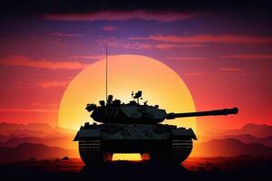 silhouet van een hoofd strijd tank Aan een slagveld tegen de zonsondergang. foto