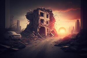 vernietigd gebouw, beschadigd structuur, gevolgen van een ramp, ramp of oorlog, illustratie foto