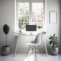 modern werkplaats in de buurt venster. interieur met bureau, plant, notitieboekje, laptop, documenten, boeken. plaats Bij huis voor werk of onderwijs. ai foto