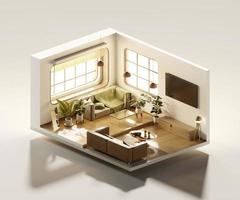 isometrische visie leven kamer muji stijl Open binnen interieur architectuur 3d renderen digitaal kunst foto