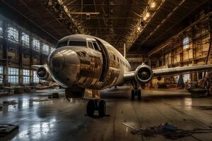 roestig en oud vliegtuig in de hangar. vliegtuig recyclen. ai gegenereerd foto