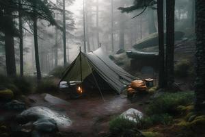 wildernis overleving. bushcraft tent onder de zeildoek in zwaar regenen, omarmen de kilte van ochtendgloren. een tafereel van uithoudingsvermogen en veerkracht foto