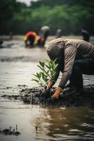 herstellen de kustlijn gemeenschap verloving in aanplant mangroven voor milieu behoud en leefgebied restauratie Aan aarde dag, bevorderen duurzaamheid. aarde dag foto