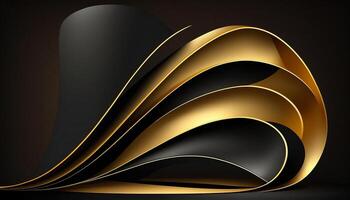 elegant modern zwart en gouden abstract golven en curves Aan zwart achtergrond. ai gegenereerd foto