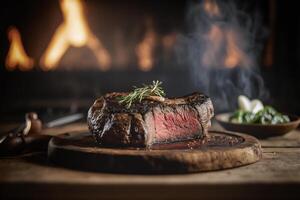 sappig gegrild steak met kruiden en specerijen Aan rustiek snijdend bord. barbecue. ai gegenereerd foto