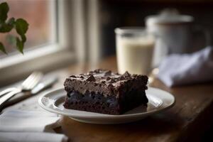 heerlijk eigengemaakt chocola brownie in wit keramisch bord Aan rustiek houten tafel. ai gegenereerd. selectief focus foto