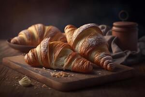 heerlijk eigengemaakt croissants Aan rustiek houten keuken tafel. ai gegenereerd foto