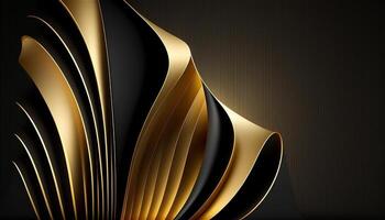 elegant modern zwart en gouden abstract golven en curves Aan zwart achtergrond. ai gegenereerd foto