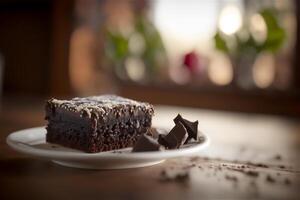 heerlijk eigengemaakt chocola brownie in wit keramisch bord Aan rustiek houten tafel. ai gegenereerd. selectief focus foto