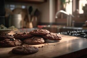 heerlijk eigengemaakt chocolaatjes koekjes Aan rustiek houten tafel. ai gegenereerd foto