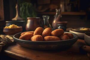 heerlijk eigengemaakt kroketten Aan houten tafel in rustiek keuken achtergrond. ai gegenereerd foto