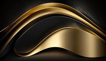 elegant modern zwart en gouden abstract golven en curves Aan zwart achtergrond. ai gegenereerd foto