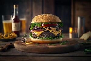 smakelijk eigengemaakt Hamburger Aan rustiek houten tafel. kopiëren ruimte. reclame. ai gegenereerd. snel voedsel tussendoortje foto