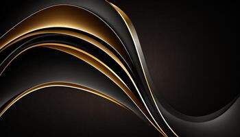 elegant modern zwart en gouden abstract golven en curves Aan zwart achtergrond. ai gegenereerd foto