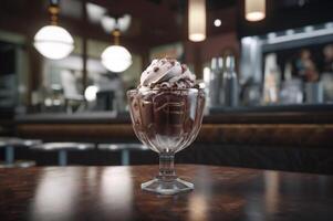 fijnproever chocola ijs room in glas kom Aan ijs room salon tafel. rustiek hout. ai gegenereerd. bevroren toetje foto