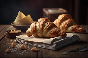 heerlijk eigengemaakt croissants Aan rustiek houten keuken tafel. ai gegenereerd foto