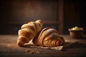 heerlijk eigengemaakt croissants Aan rustiek houten keuken tafel. ai gegenereerd foto