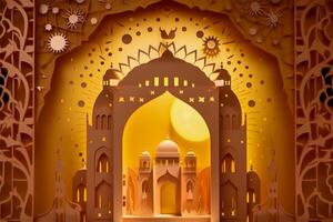 Islamitisch Ramadan achtergrond in papercut stijl. eid al Spar papier ambacht achtergrond. generatief ai. foto
