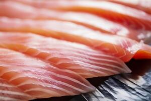 Japans sashimi, rauw vis vlees gesneden in stukken. generatief ai. foto