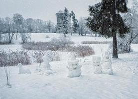 grappig sneeuwmannen in een besneeuwd winter park. foto